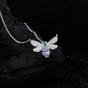 S925 sterling silver bee necklace with colorful micro-paved cubic zirconia pendant