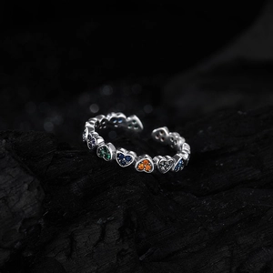 S925 sterling silver open ring featuring multi-colored heart-shaped cubic zirconia stones