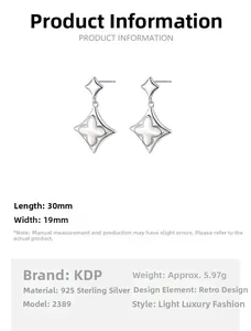 Detailed view of S925 silver four-leaf clover earrings with white shell inlay, 30mm x 19mm
