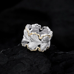 Artistic S925 sterling silver ginkgo leaf pendant with gold edge and brushed texture