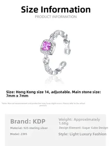 Size chart for S925 silver ring featuring 7mm square pink stone and pig nose design detail