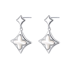 S925 sterling silver dangle earrings with white clover mother of pearl inlays