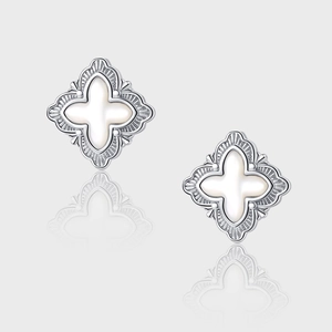 Boucles d'Oreilles Clous Trèfle à Quatre Feuilles Vintage Italien Argent Sterling S925 Nacre Coquille Blanche Bijoux Femme