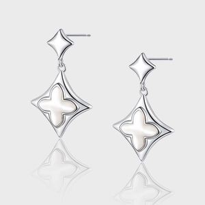 Vintage 925 Sterling Silver Mother Of Artificial Pearl Four Leaf Clover Drop Earrings For Women Rhombus Luxury Party Jewelry