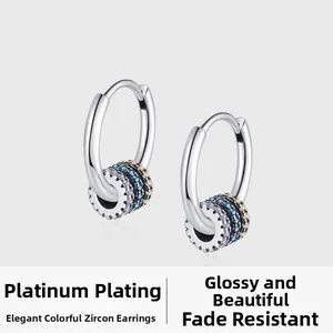 Close-up of S925 silver hoop earrings with detachable multi-color zircon pendants