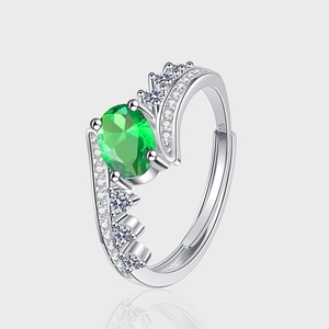 Luxurious 925 Sterling Silver Oval Green Zirconia Crown Ring For Women Elegant Adjustable Open Finger Ring Fashion Jewelry