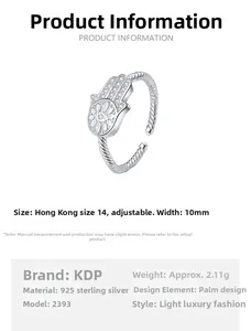 Detail view of S925 sterling silver Hamsa Hand ring with micro-set zircon and dimensions