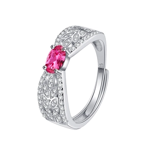 S925 sterling silver ring with garnet red gemstone and diamond leaf design in 45-degree view