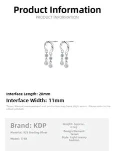 Detail view of S925 silver fringe earrings with teardrop zircon and dimension specs