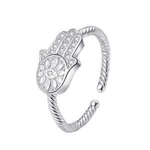 S925 Sterling Silver Hamsa Hand Open Ring with Zircon Stones and Twisted Band Design