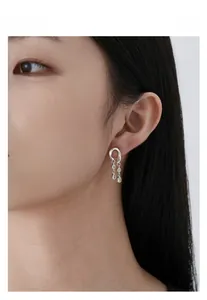 Detail of S925 silver long tassel earrings with teardrop pendant and cubic zirconia