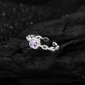 S925 Sterling silver adjustable ring with square purple zircon and chain link band