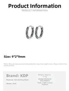 Detailed product dimensions for the S925 sterling silver vine pattern hoop earrings