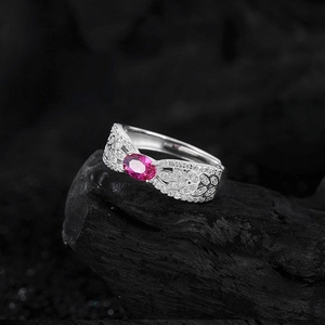 S925 sterling silver leaf ring with red oval gemstone and pavé white zircons