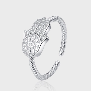 925 Sterling Silver Hamsa Hand Open Ring Women Paved Rhinestone Evil Eye Twisted Band Adjustable Fashion Jewelry Gift