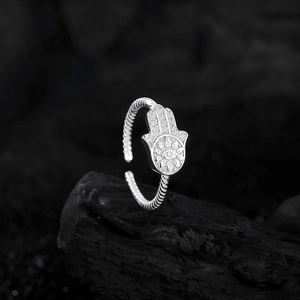 S925 sterling silver Hamsa Hand open ring with zircon pavé and twisted band texture