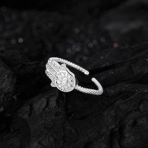 S925 sterling silver Hamsa hand ring with zircon stones and rope textured band