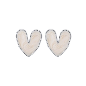 S925 sterling silver heart stud earrings with cream marble drip glaze texture