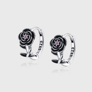 Boucles d'Oreilles Créoles Camélia Rose en Argent Sterling 925 pour Femmes Bijoux Antiques en Strass Noirci Floral