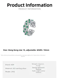 Detailed view of S925 sterling silver hollow ring with green zircon stones