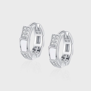 925 Sterling Silver Hoop Earrings With White Mother Of Artificial Pearl And Zircon Geometric Segmented Design For Women Elegant Jewelry