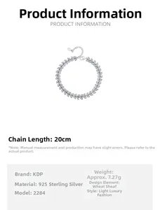 Detailed size specifications for a 925 sterling silver wheat link bracelet with crystals