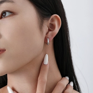 Elegant S925 sterling silver hoop earrings with white mother-of-pearl and crystal inlay