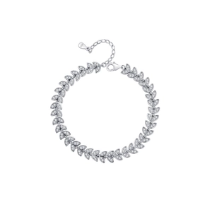 Macro shot of S925 sterling silver bracelet with sparkling pavé wheat leaf links