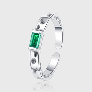 Vintage 925 Sterling Silver Emerald Green Square Rhinestone Open Ring Meteorite Texture Adjustable Finger Ring For Women