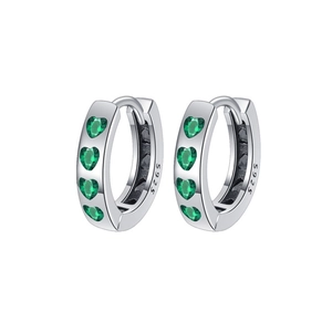 Exquisite S925 sterling silver hoop earrings with a row of green heart-shaped zircons