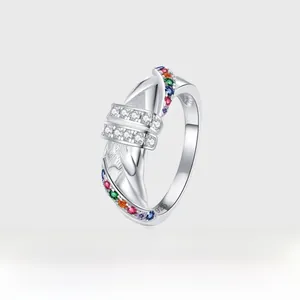 Close-up of S925 sterling silver multi-layer cross ring with colorful zircon inlay