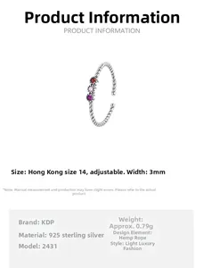 Detailed view of adjustable S925 sterling silver ring with colorful zircons and rope texture