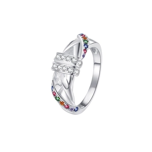 Macro shot of S925 sterling silver ring showing the 925 hallmark and colorful zircons