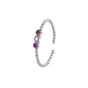 Detailed macro view of S925 silver twist ring featuring three round colorful zircons