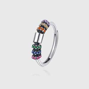 Close-up of S925 sterling silver ring with colorful zircons and adjustable band