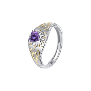 Detail view of S925 silver adjustable ring with purple heart stone and gold relief