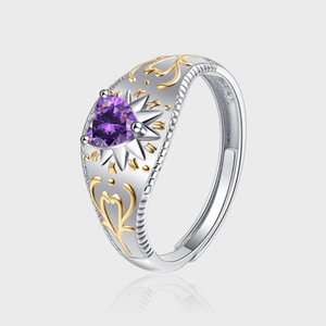 Italian Style 925 Sterling Silver Heart Ring For Women Vintage Purple Rhinestone Bi-Color Gold Plated Adjustable Opening Ring Jewelry Gift