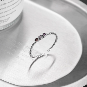 Minimalist S925 silver adjustable rope ring with three colorful gradient zircons
