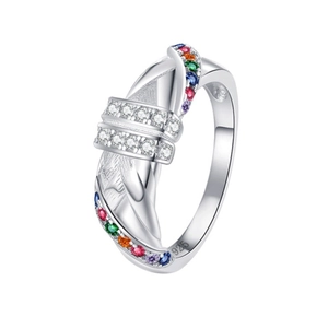 S925 sterling silver criss-cross ring with colorful zircon stones in a 45-degree view