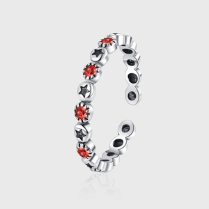 Retro S925 Sterling Silver Open Ring For Women Vintage Red Zirconia Star Pattern Adjustable Fashion Finger Ring Jewelry