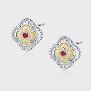 Elegant s925 silver flower stud earrings with red zircon and brushed gold petals