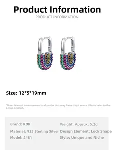 Detailed view of S925 silver safety pin earrings with rainbow zircon pavé micro-inlay