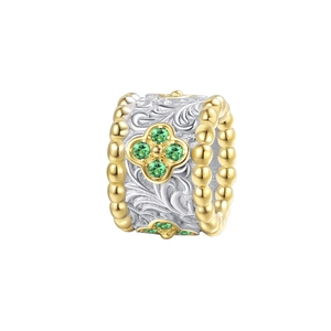 S925 silver vintage clover charm with green zircon and gold filigree engraving