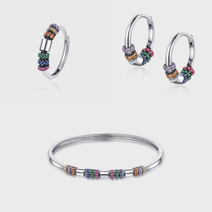 Vintage S925 Sterling Silver Jewelry Set For Women Ethnic Style Multicolor Rhinestone Inlaid Antiqued Ring Earrings Bangle