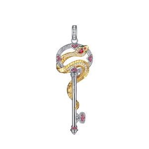 Pendentif clé serpent vintage en argent S925 avec diamants et pierres rouges