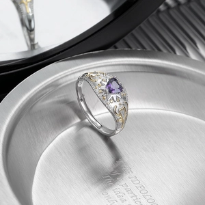Luxury S925 sterling silver ring with purple heart-shaped stone and gold accents