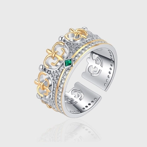Bague Ouverte Couronne en Argent Sterling S925 pour Femme Style Palais Vintage Bicolore Électroplaqué Strass Pierre Verte Incrustée Bijoux Cadeau Réglable