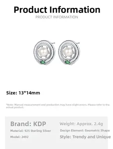 Detail of S925 sterling silver geometric earrings with white pearl and green drop gem
