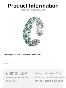 Detailed product information of an adjustable S925 silver ring with green cubic zirconia