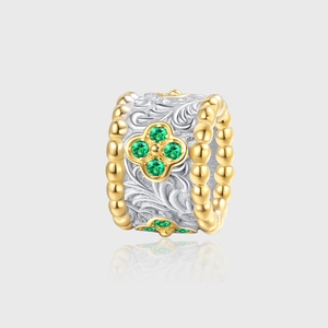 Vintage 925 Sterling Silver Pendant Necklace Green Zirconia Arabesque Clover Pattern Two-Tone Jewelry For Women Commuter Gift